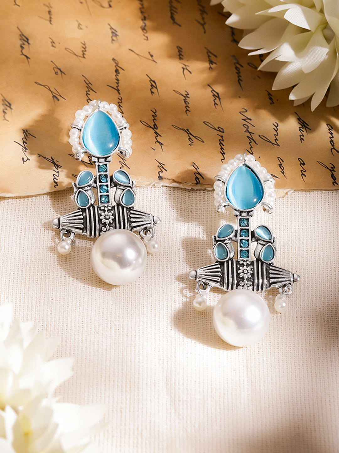Sea Blue Pearl Oxidised Drop Earrings フリーサイズ