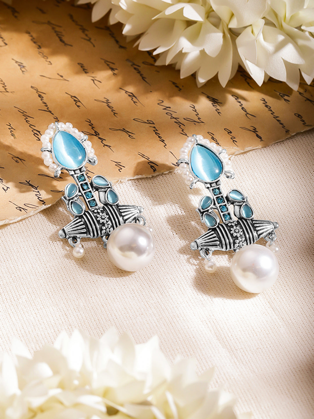 Sea Blue Pearl Oxidised Drop Earrings フリーサイズ