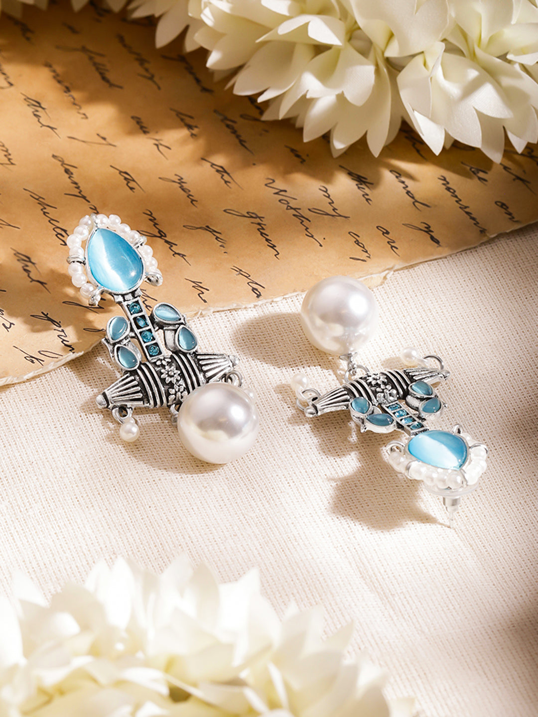 Sea Blue Pearl Oxidised Drop Earrings フリーサイズ