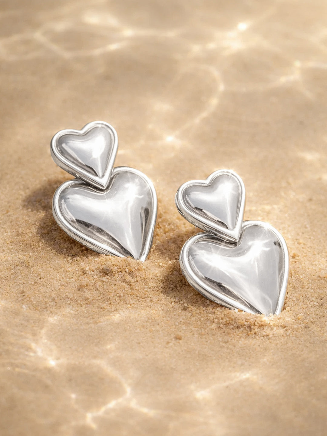 Demi Fine Rhodium Plated Stainless steel Double Heart Drop Earrings Length - 3.1 cm