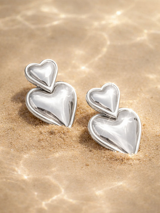 Demi Fine Rhodium Plated Stainless steel Double Heart Drop Earrings Length - 3.1 cm