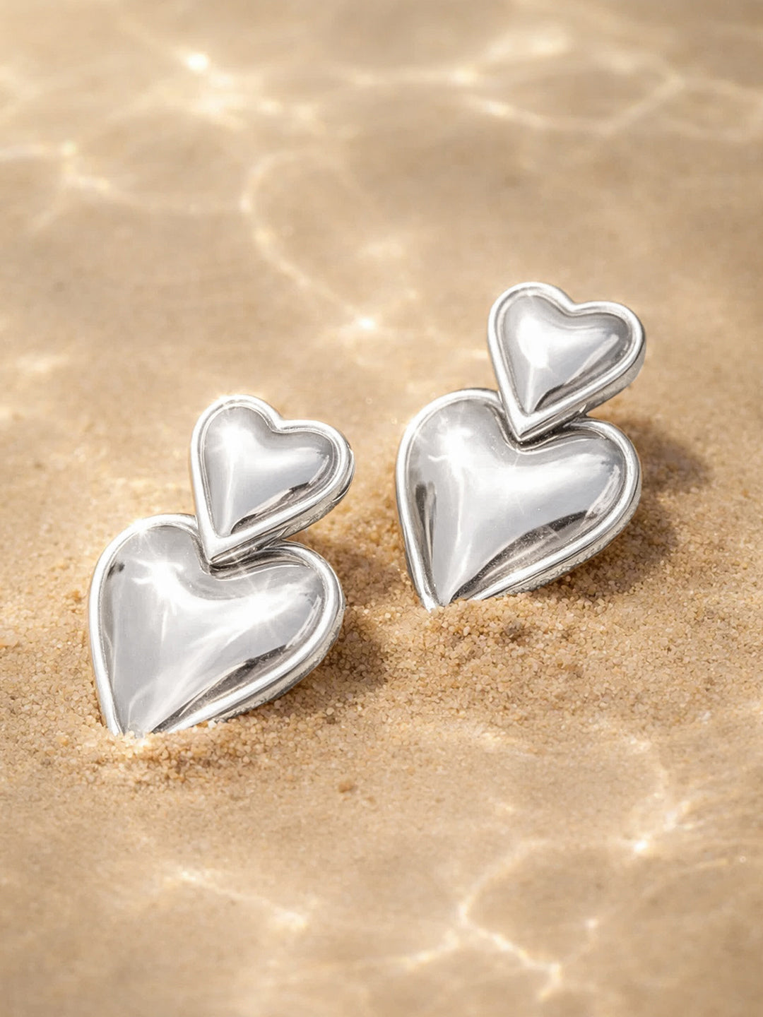 Demi Fine Rhodium Plated Stainless steel Double Heart Drop Earrings Length - 3.1 cm