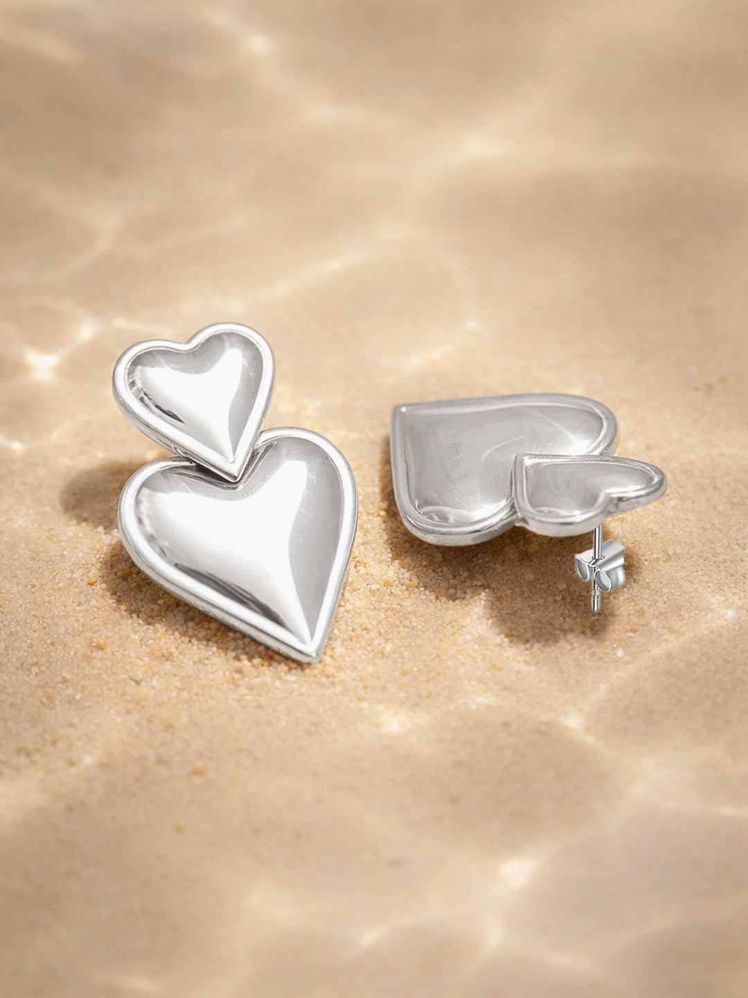 Demi Fine Rhodium Plated Stainless steel Double Heart Drop Earrings Length - 3.1 cm