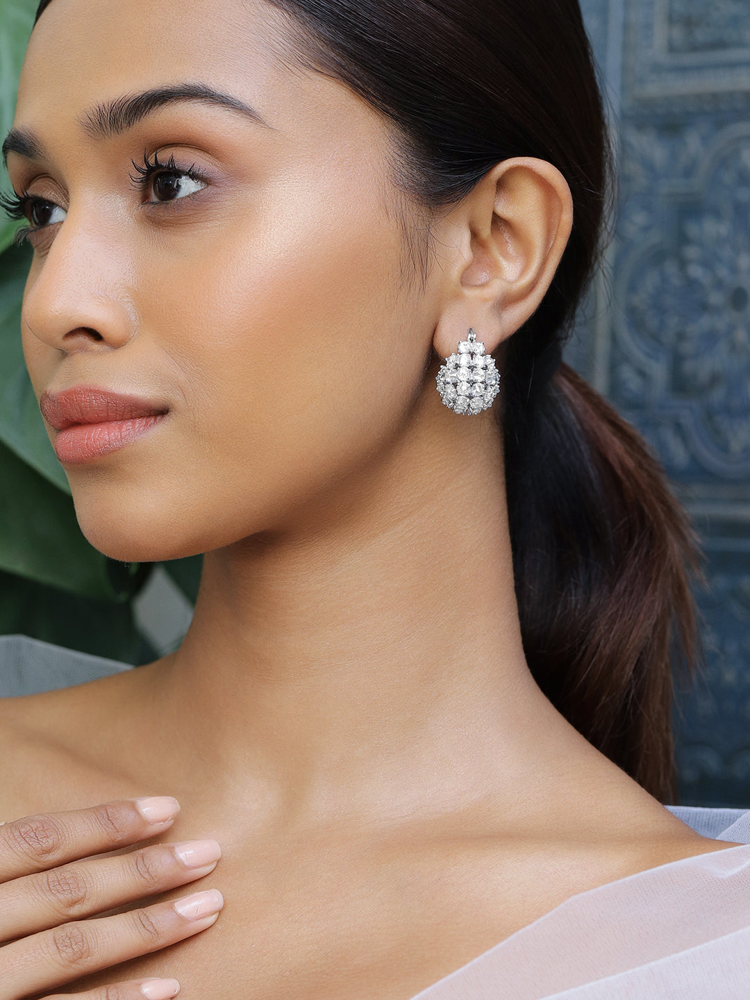 Crystal Studded Huggie Earrings Silver