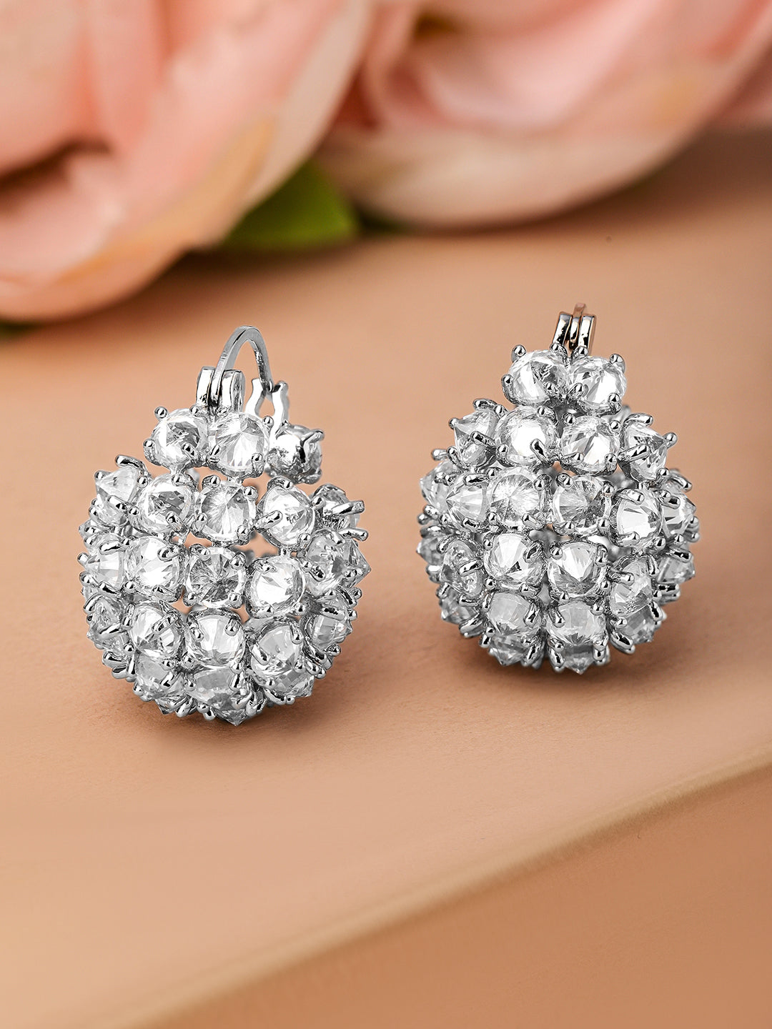 Crystal Studded Huggie Earrings Silver