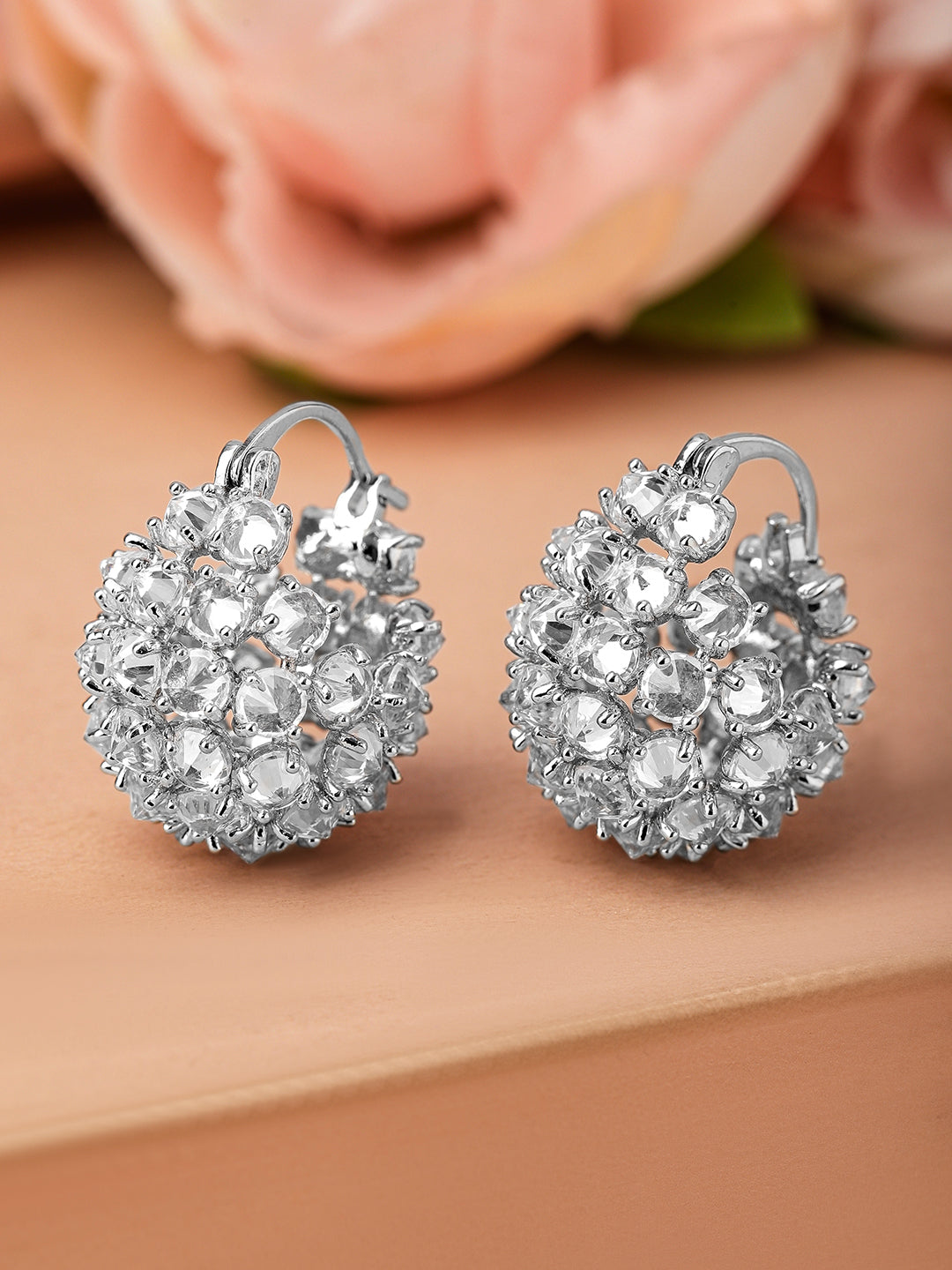 Crystal Studded Huggie Earrings Silver