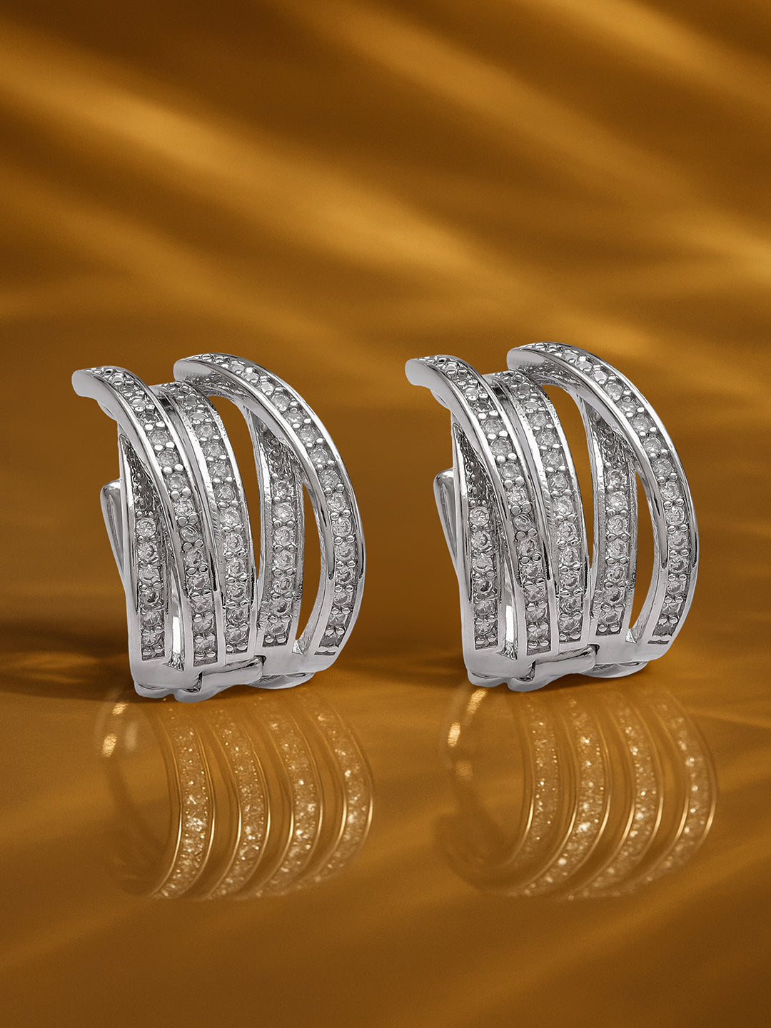 【Rubans】 Rhodium-Plated American Diamond Zirconia Huggie Hoop Earrings｜ロジウムメッキ アメリカンダイヤモンド ジルコニア ハギーフープピアス