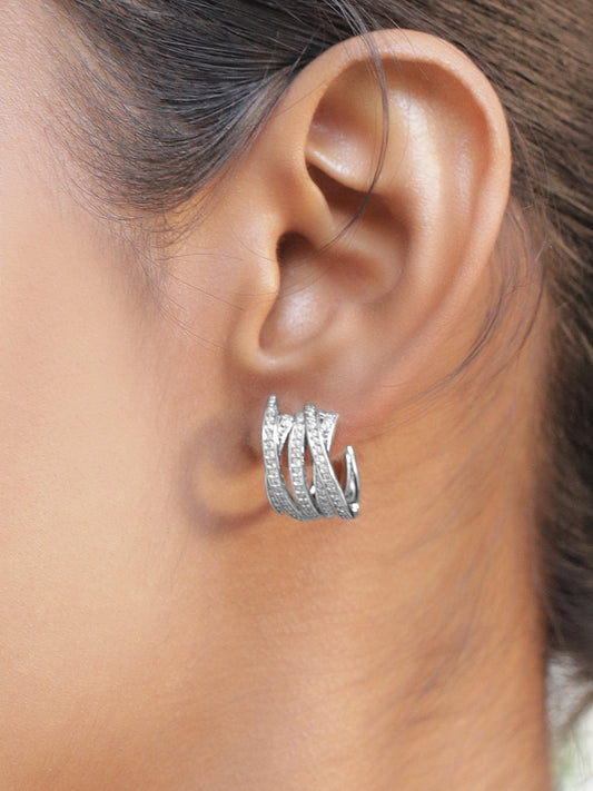 【Rubans】 Rhodium-Plated American Diamond Zirconia Huggie Hoop Earrings｜ロジウムメッキ アメリカンダイヤモンド ジルコニア ハギーフープピアス