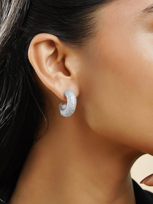 Rubans Rhodium-Plated Brass Crystal Zirconia Textured Dome Half Hoop Earrings フリーサイズ
