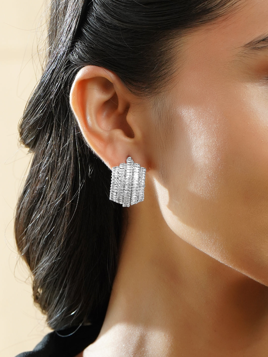Rubans Rhodium-Plated Baguette AD Embellished Curved Statement Stud Earrings フリーサイズ
