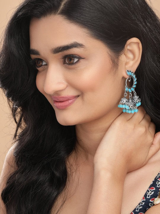 【Rubans】 Silver-Toned & Turquoise Blue Peacock Wing Jhumka Earrings｜シルバートーン＆ターコイズブルー ピーコックウィング ジュムカ イヤリング
