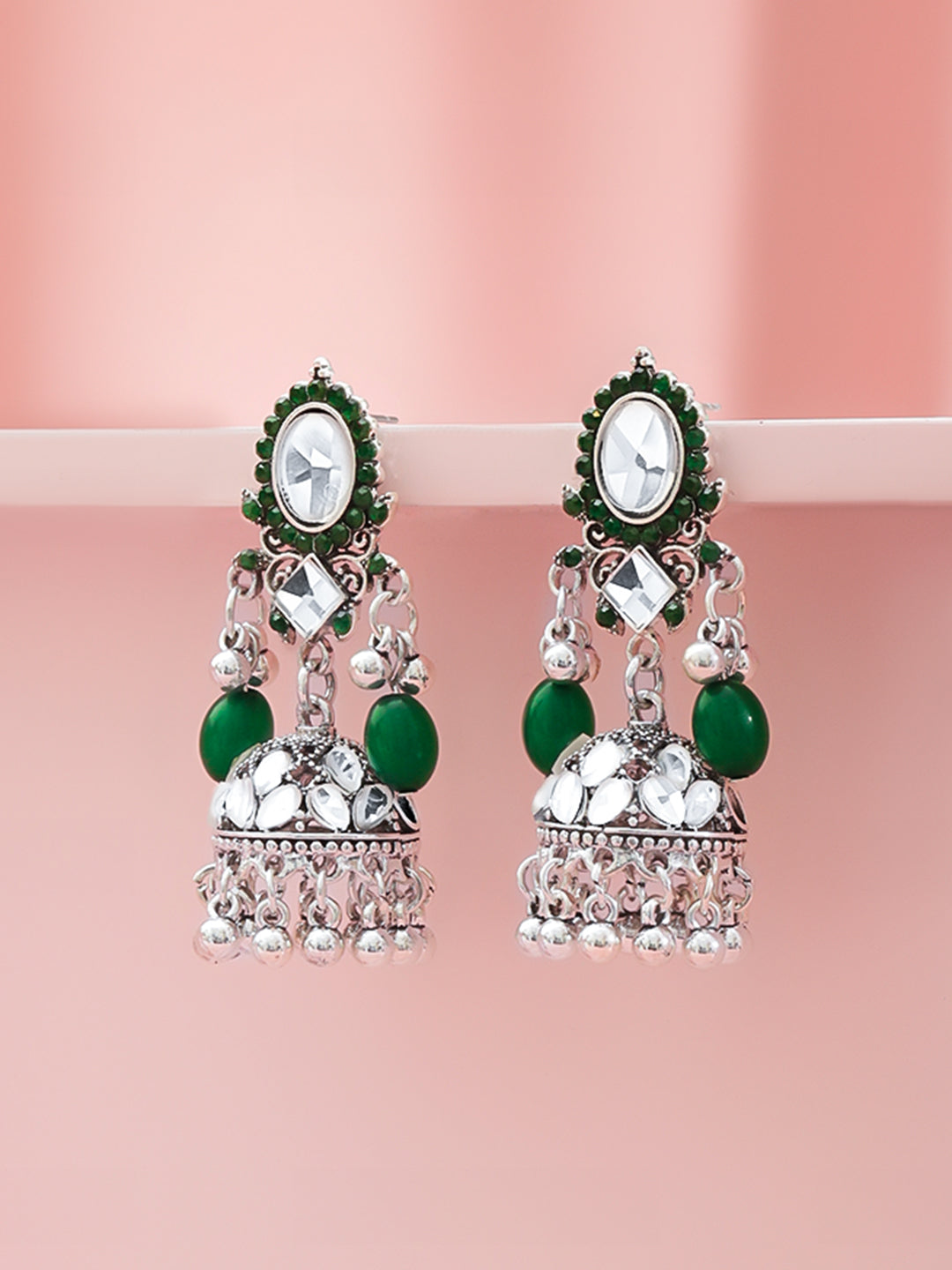 Oxidised Green & White Studded Jhumkas フリーサイズ