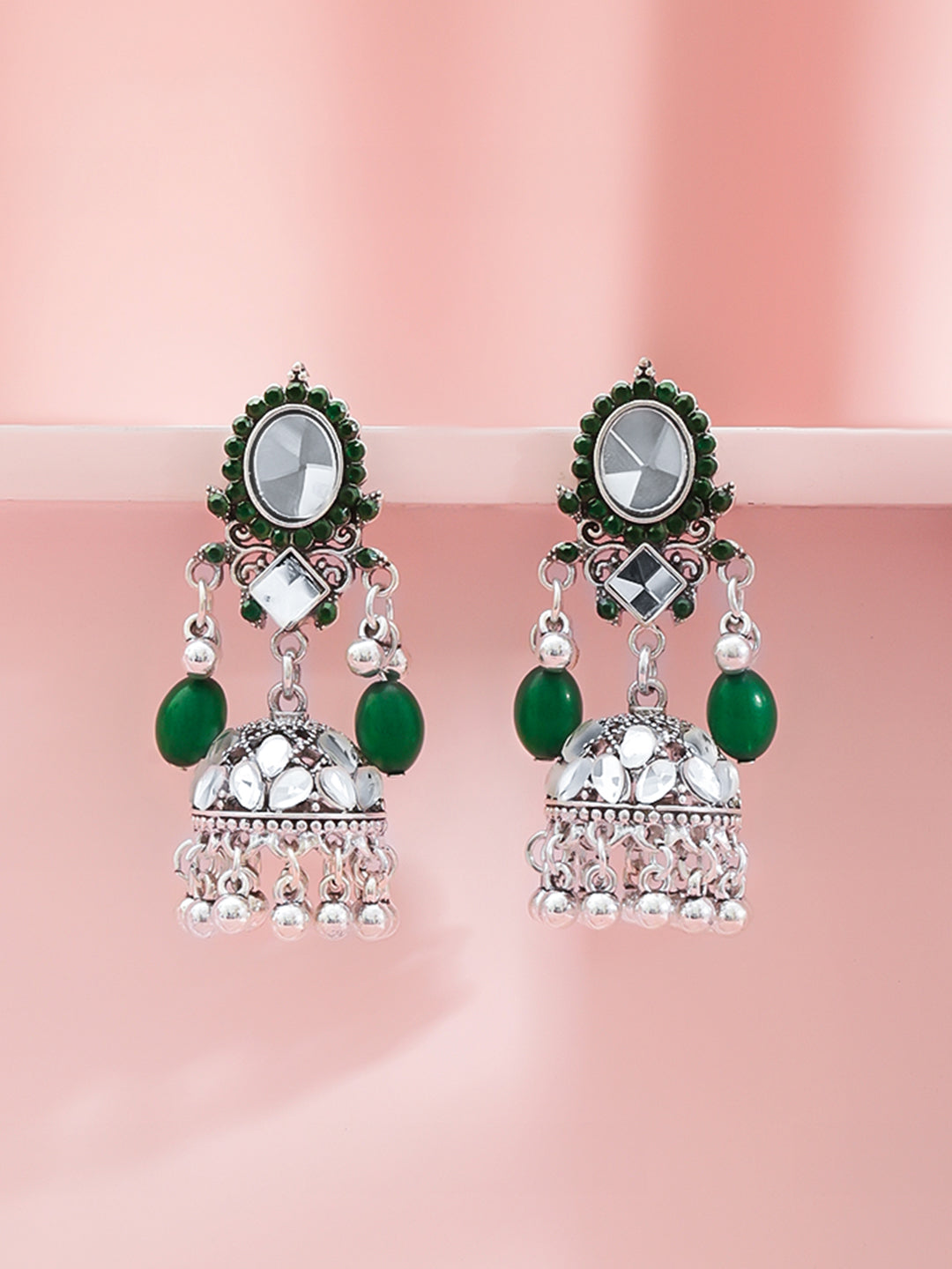 Oxidised Green & White Studded Jhumkas フリーサイズ