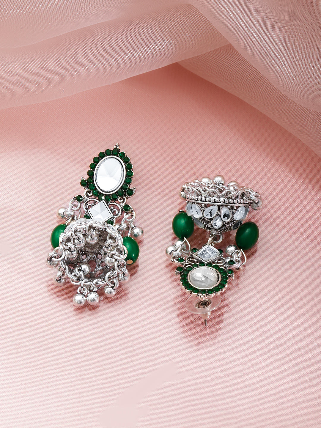 Oxidised Green & White Studded Jhumkas フリーサイズ
