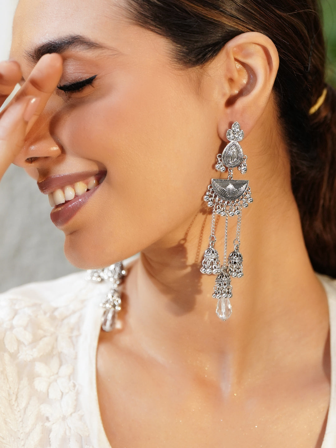 Oxidised Pearl Drop Jhumkas フリーサイズ