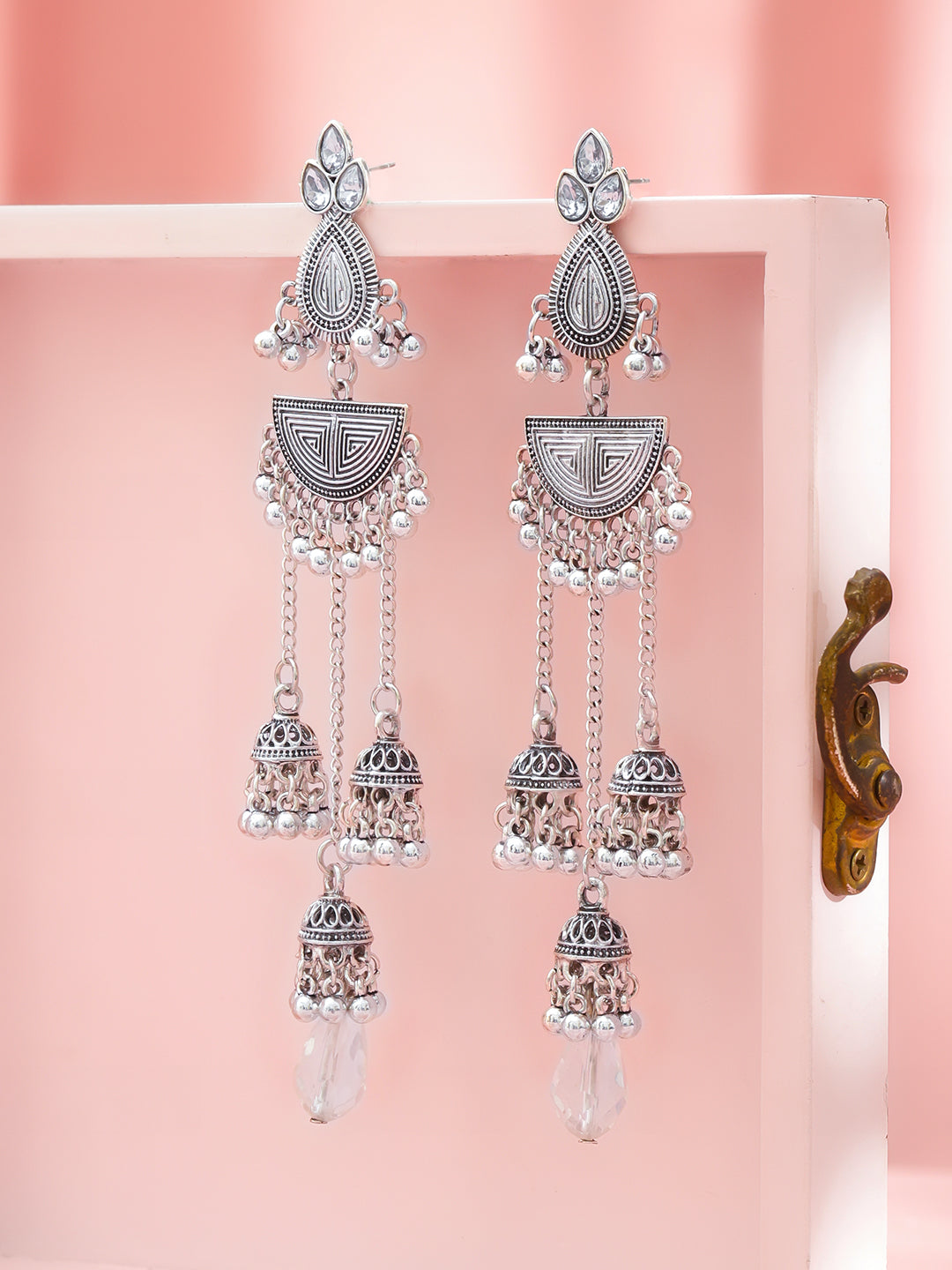 Oxidised Pearl Drop Jhumkas フリーサイズ