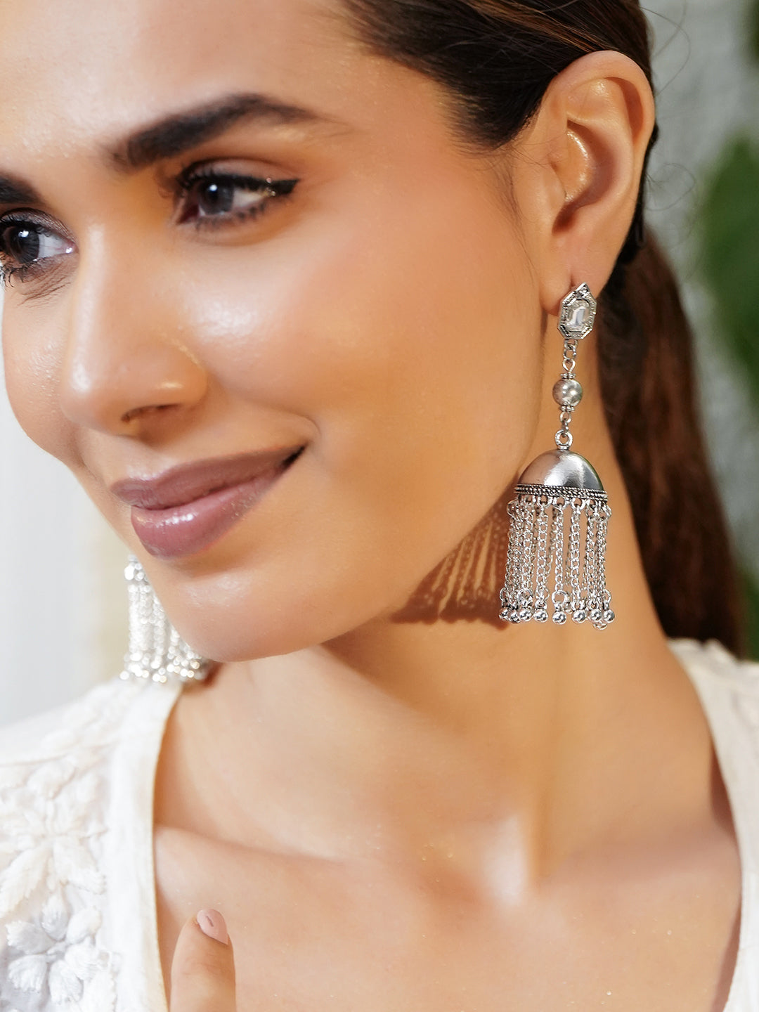 Oxidised Silver AD Dome Jhumka Earrings フリーサイズ