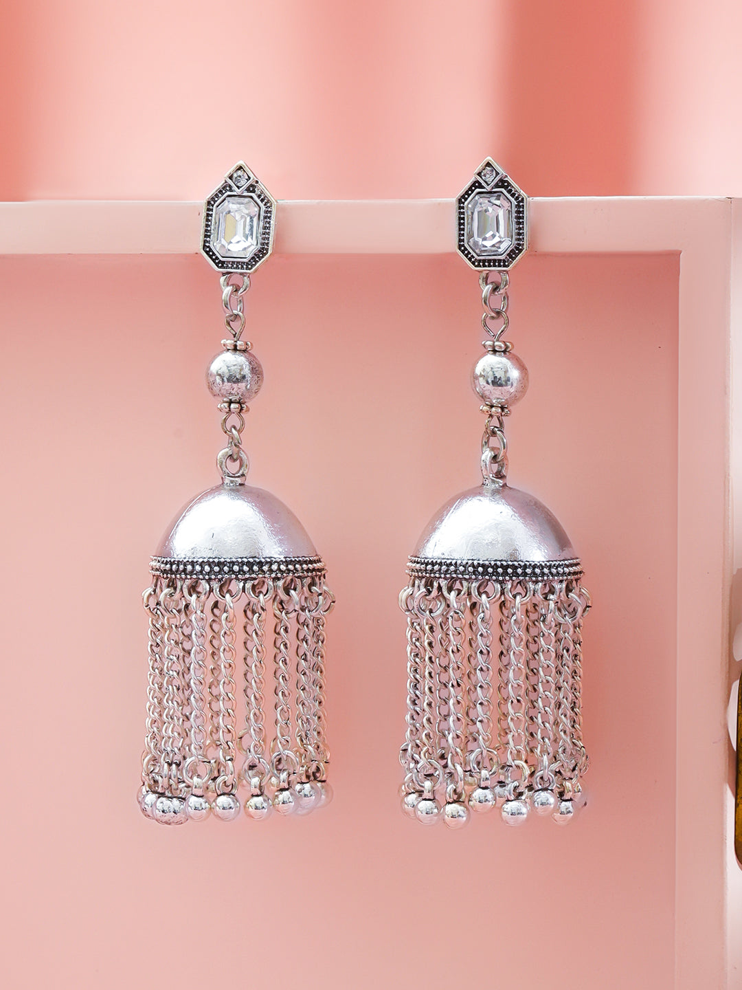 Oxidised Silver AD Dome Jhumka Earrings フリーサイズ