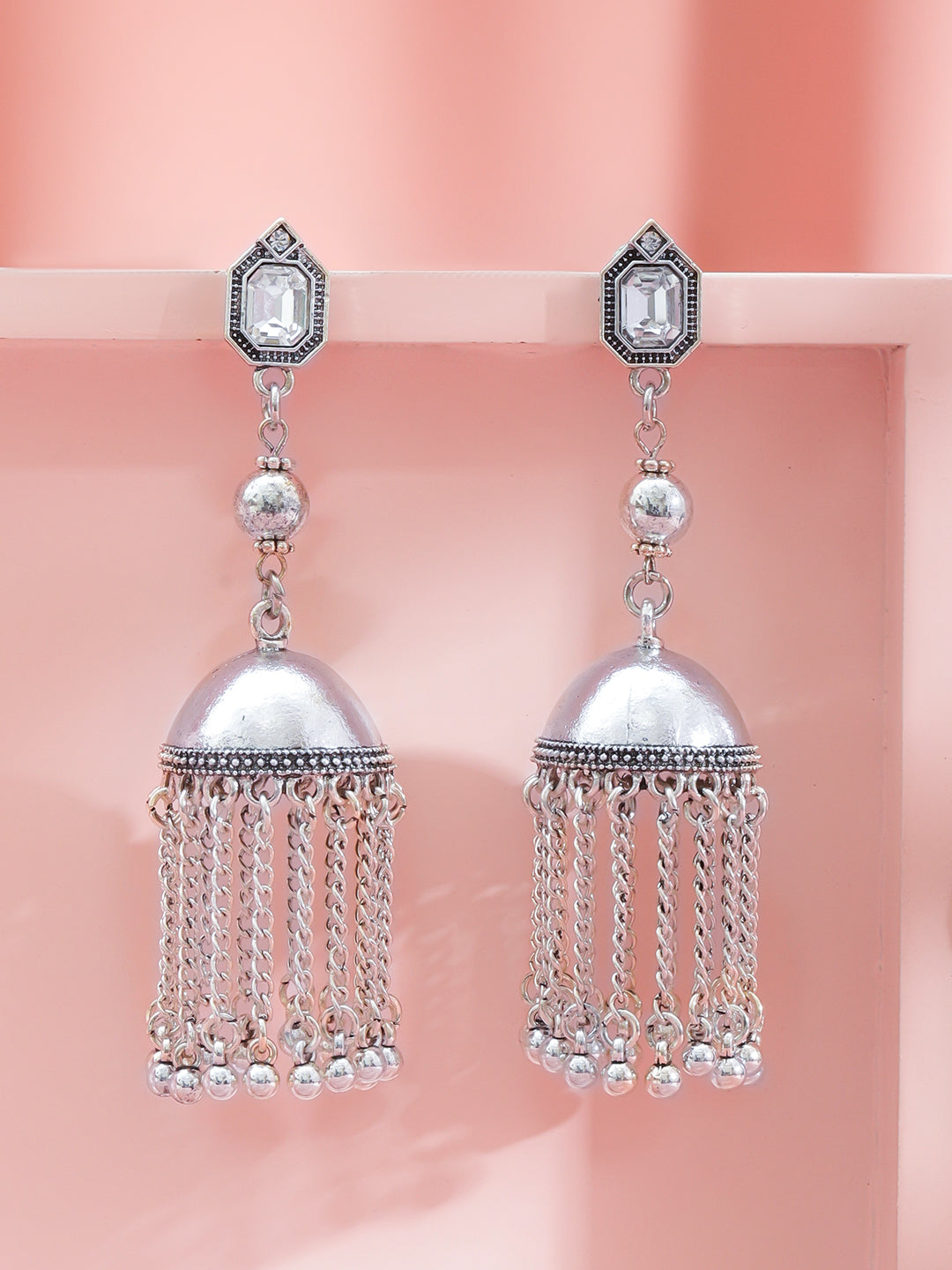 Oxidised Silver AD Dome Jhumka Earrings フリーサイズ