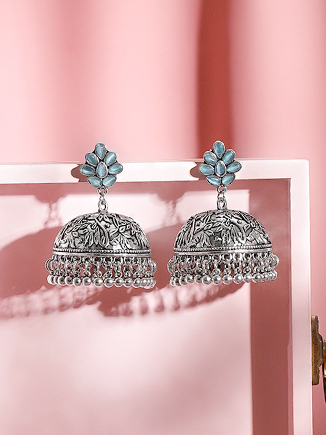 Teal Bloom Oxidised Jhumkas フリーサイズ