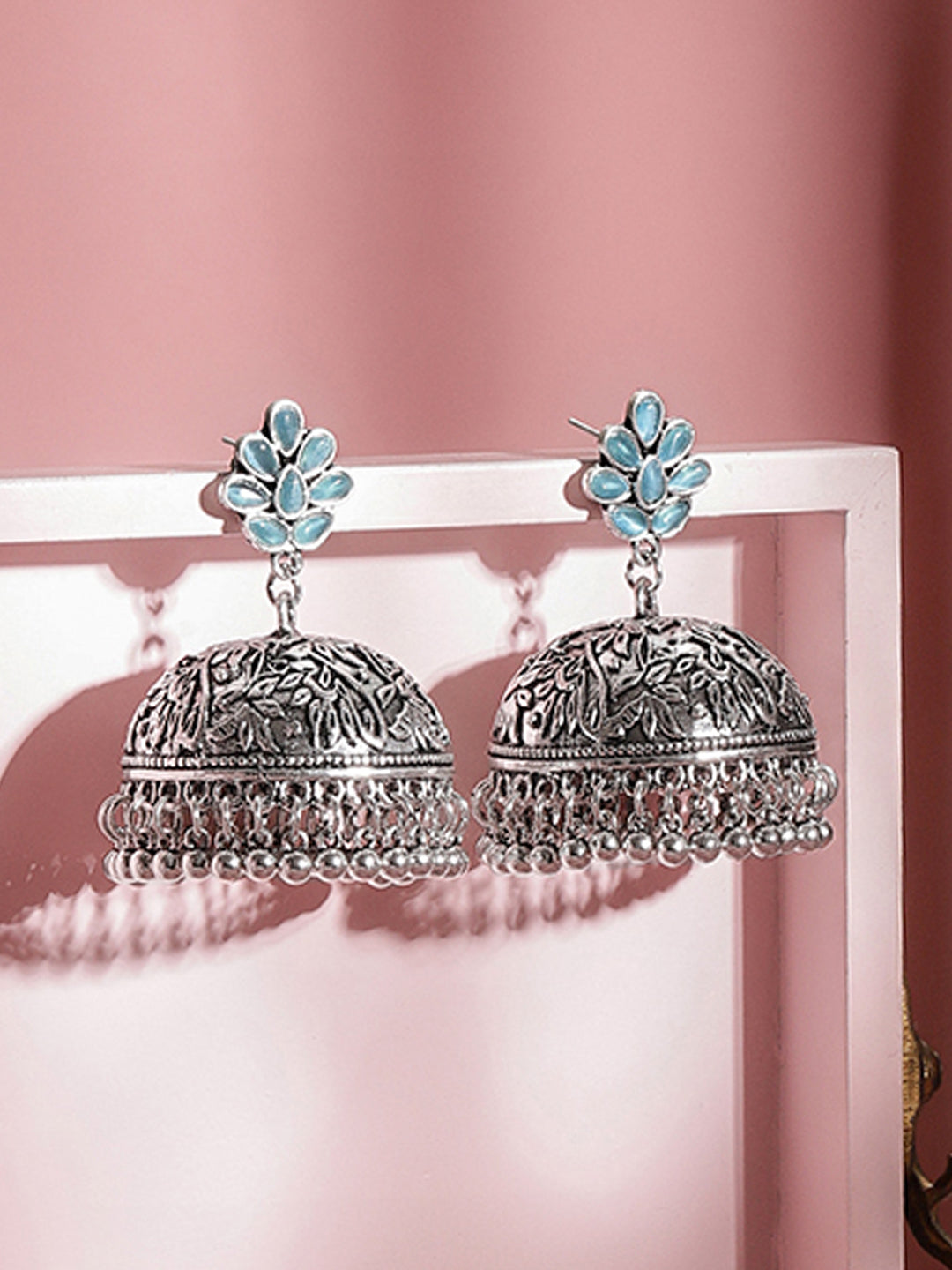 Teal Bloom Oxidised Jhumkas フリーサイズ