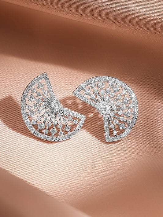 Rubans Rhodium Plated Sparkling Cubic Zirconia Half-Fan Statement Stud Earrings フリーサイズ