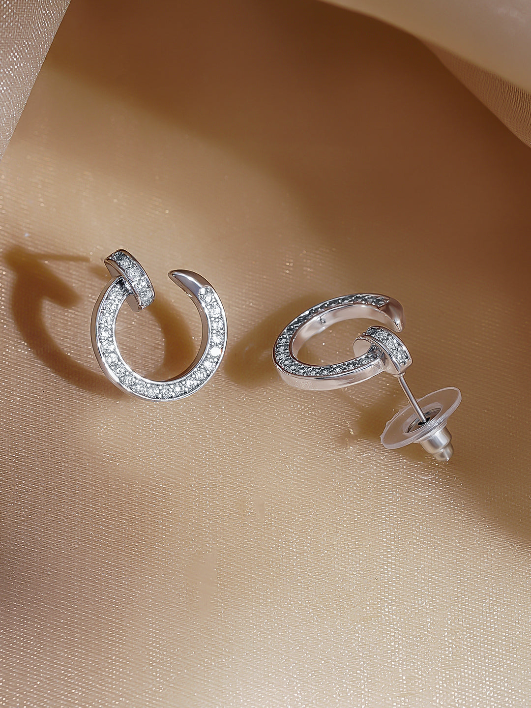 Rubans Rhodium Plated Crystal CZ Studded Open Hoop Minimal Stud Earrings フリーサイズ