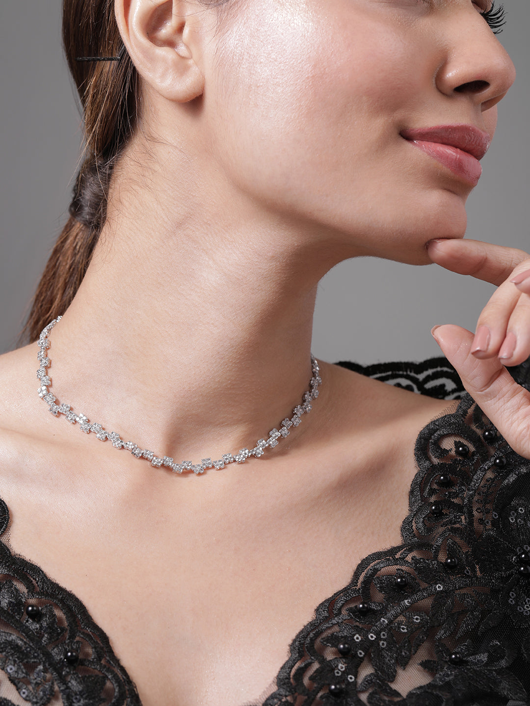 Expressive American Diamond Zirconia Studded Necklace Silver