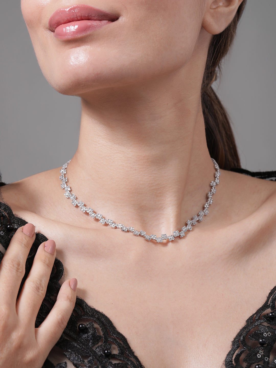 Expressive American Diamond Zirconia Studded Necklace Silver