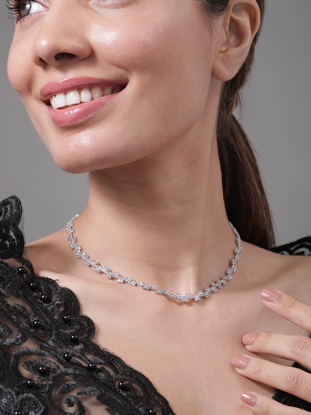 Expressive American Diamond Zirconia Studded Necklace Silver