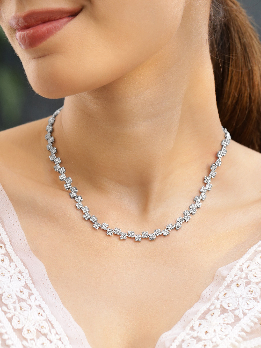 Expressive American Diamond Zirconia Studded Necklace Silver