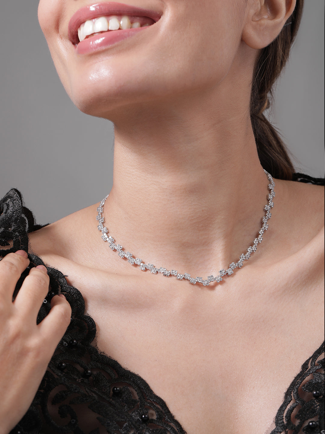 Expressive American Diamond Zirconia Studded Necklace Silver