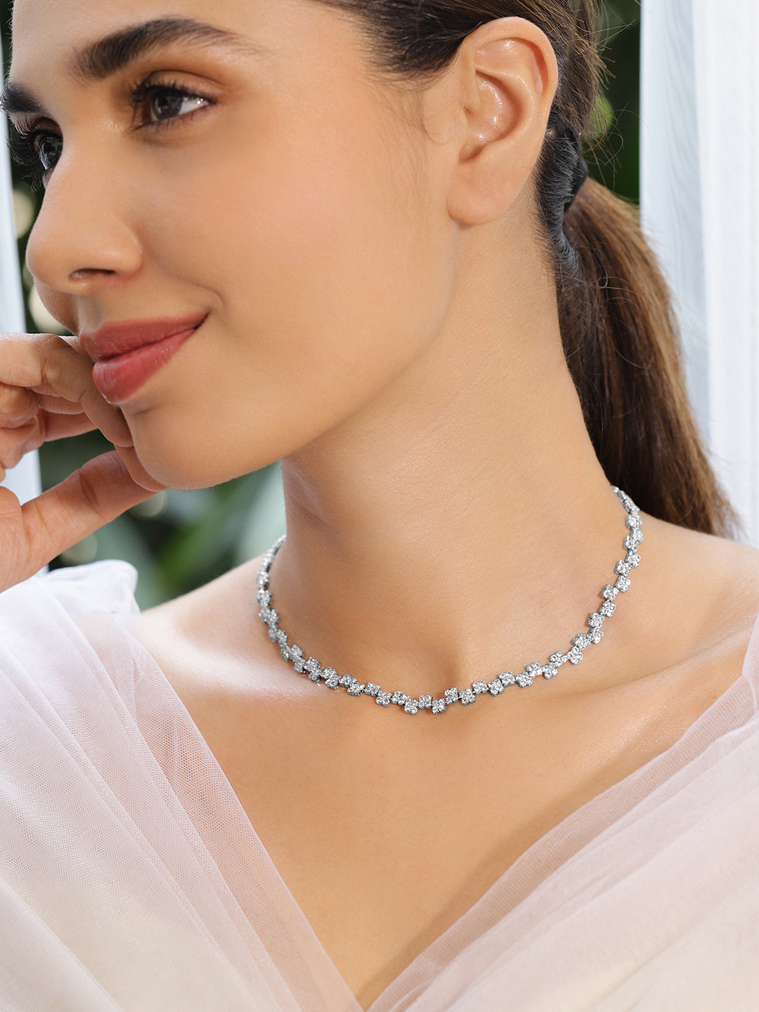 Expressive American Diamond Zirconia Studded Necklace Silver
