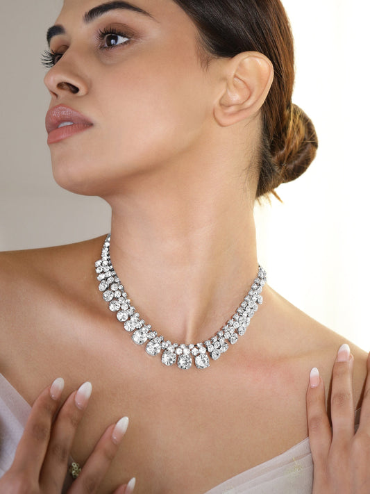 【Rubans】 Earthen Crystal Studded Necklace｜ロジウムメッキ ティアドロップ クリスタル ネックレス