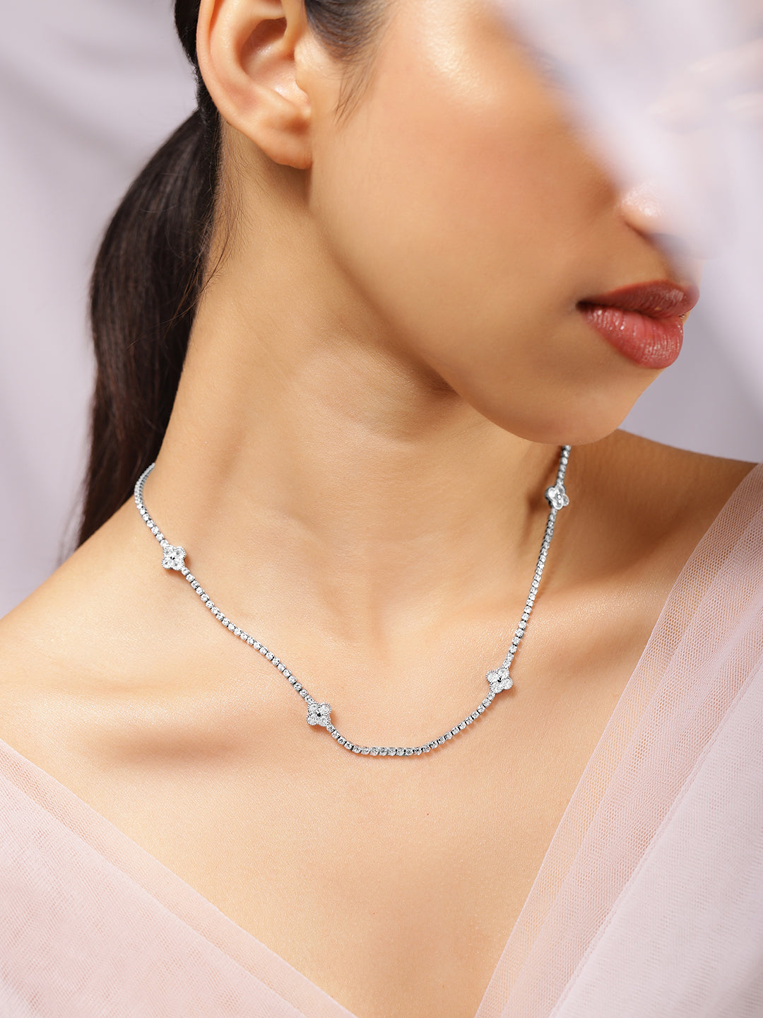 Effortless Floral Motif American Diamond Zirconia Necklace Silver