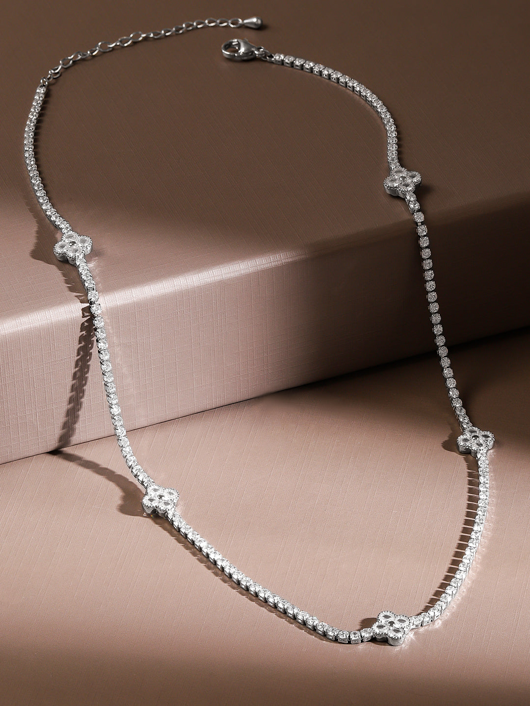 Effortless Floral Motif American Diamond Zirconia Necklace Silver