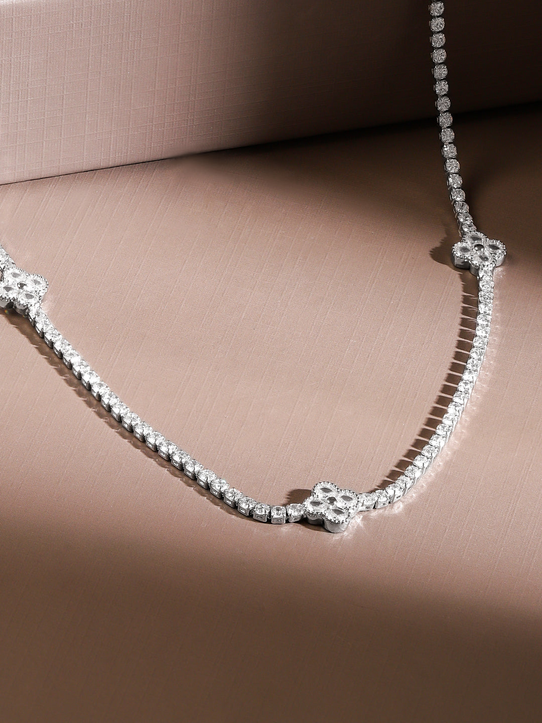Effortless Floral Motif American Diamond Zirconia Necklace Silver