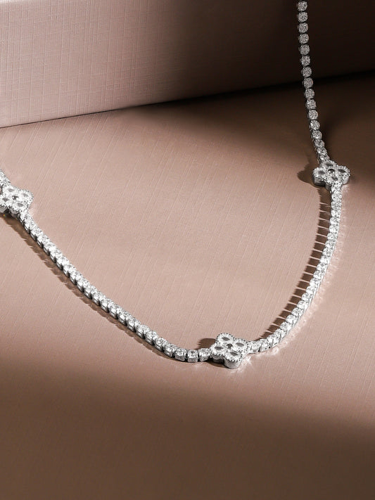 Effortless Floral Motif American Diamond Zirconia Necklace Silver