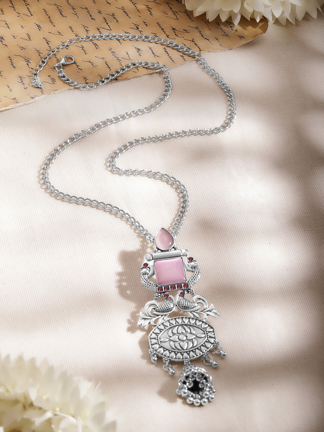 Oxidised Pink Enamel Ethnic Necklace フリーサイズ