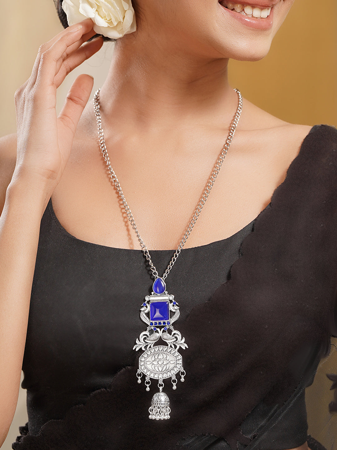 Oxidised Blue Enamel Ethnic Necklace フリーサイズ