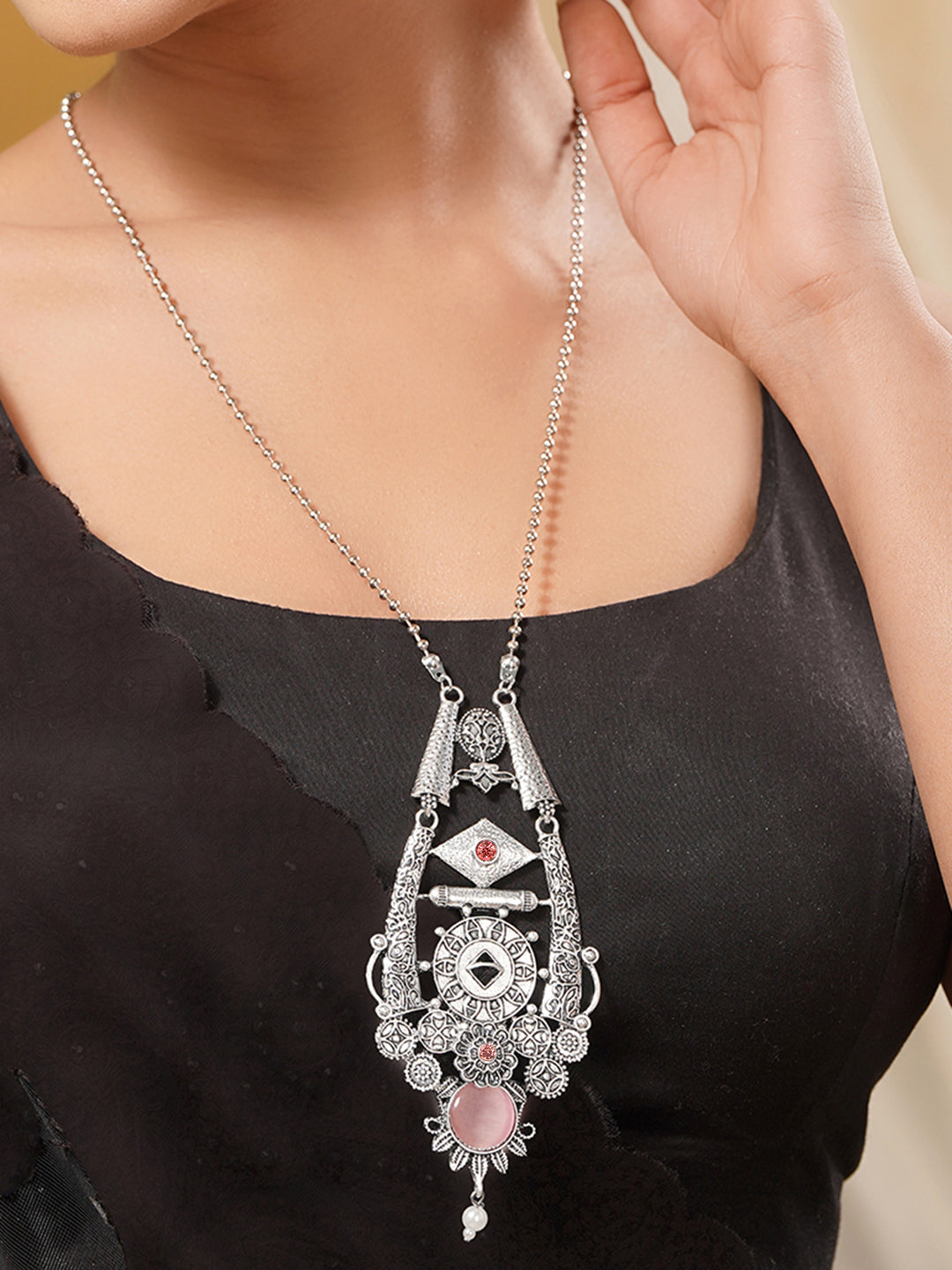 Oxidised Pink Enamel Statement Long Necklace フリーサイズ