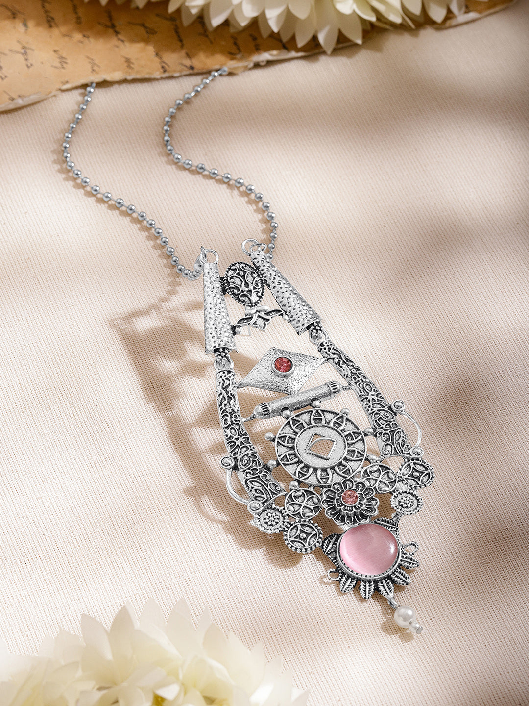 Oxidised Pink Enamel Statement Long Necklace フリーサイズ