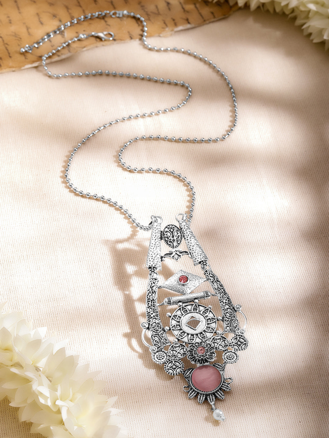 Oxidised Pink Enamel Statement Long Necklace フリーサイズ