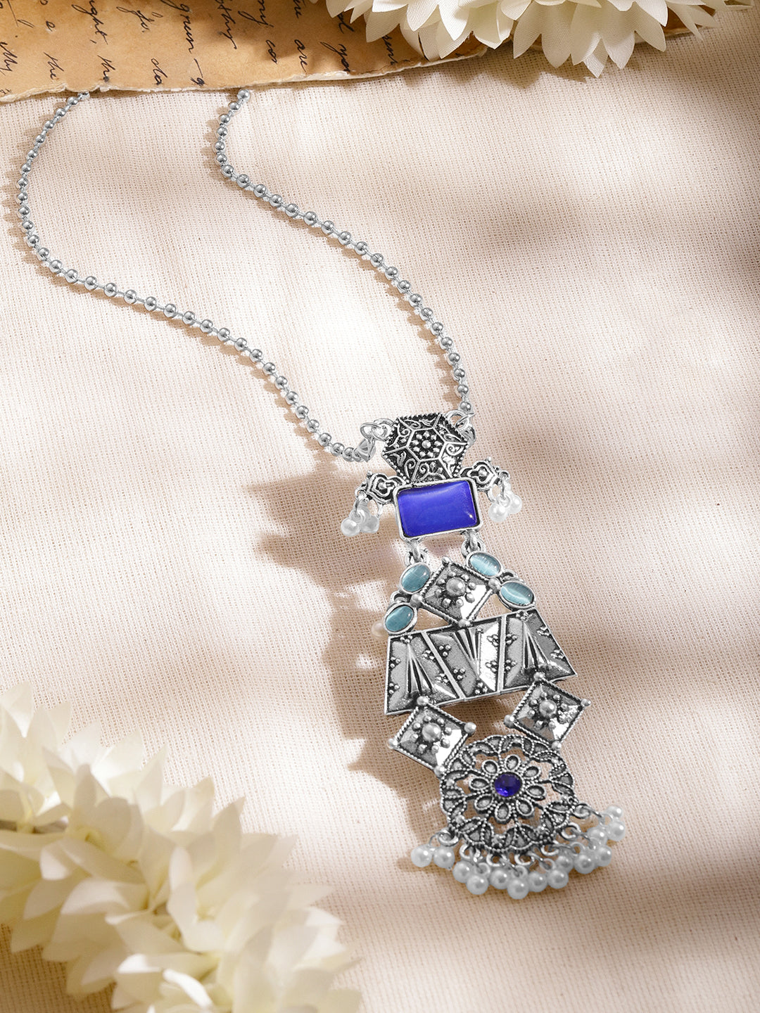Oxidised Blue Pearl Statement Long Necklace フリーサイズ