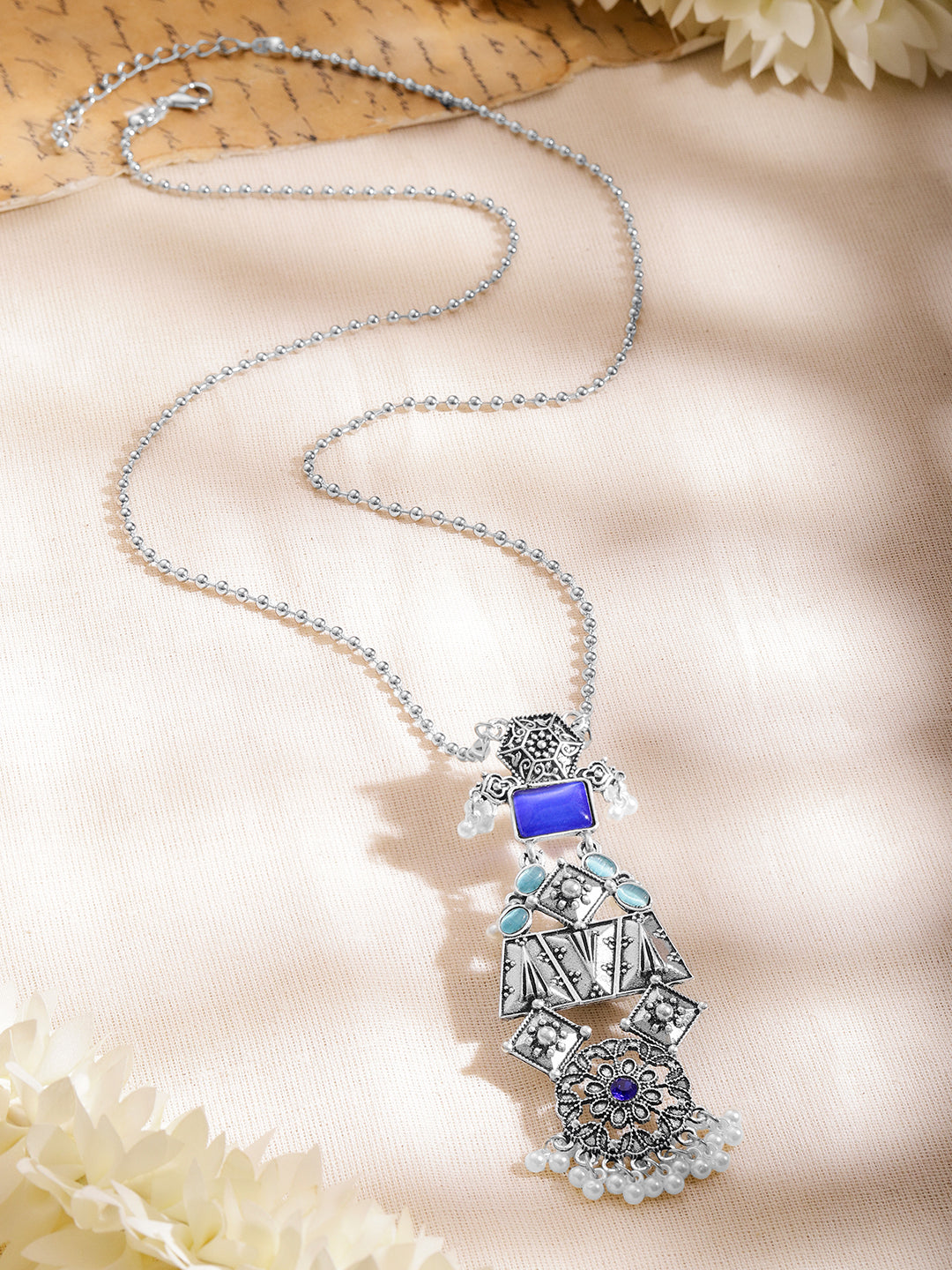 Oxidised Blue Pearl Statement Long Necklace フリーサイズ