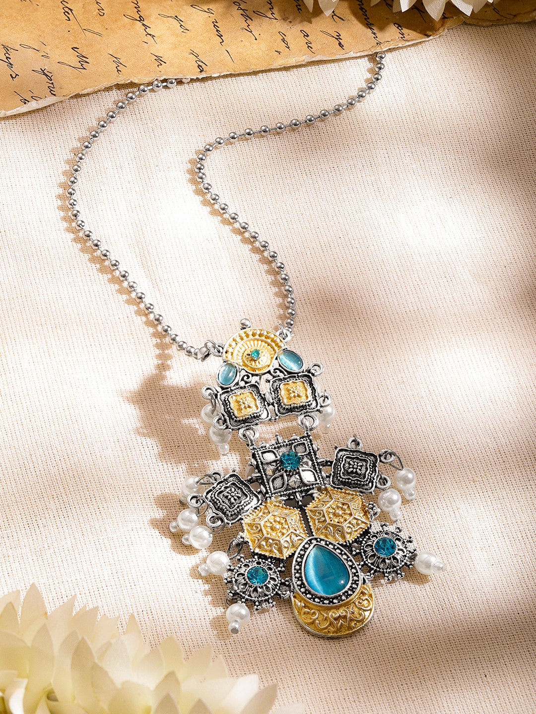 Oxidised Silver Blue Enamel Statement Necklace フリーサイズ