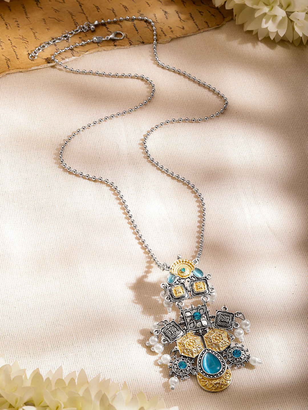 Oxidised Silver Blue Enamel Statement Necklace フリーサイズ
