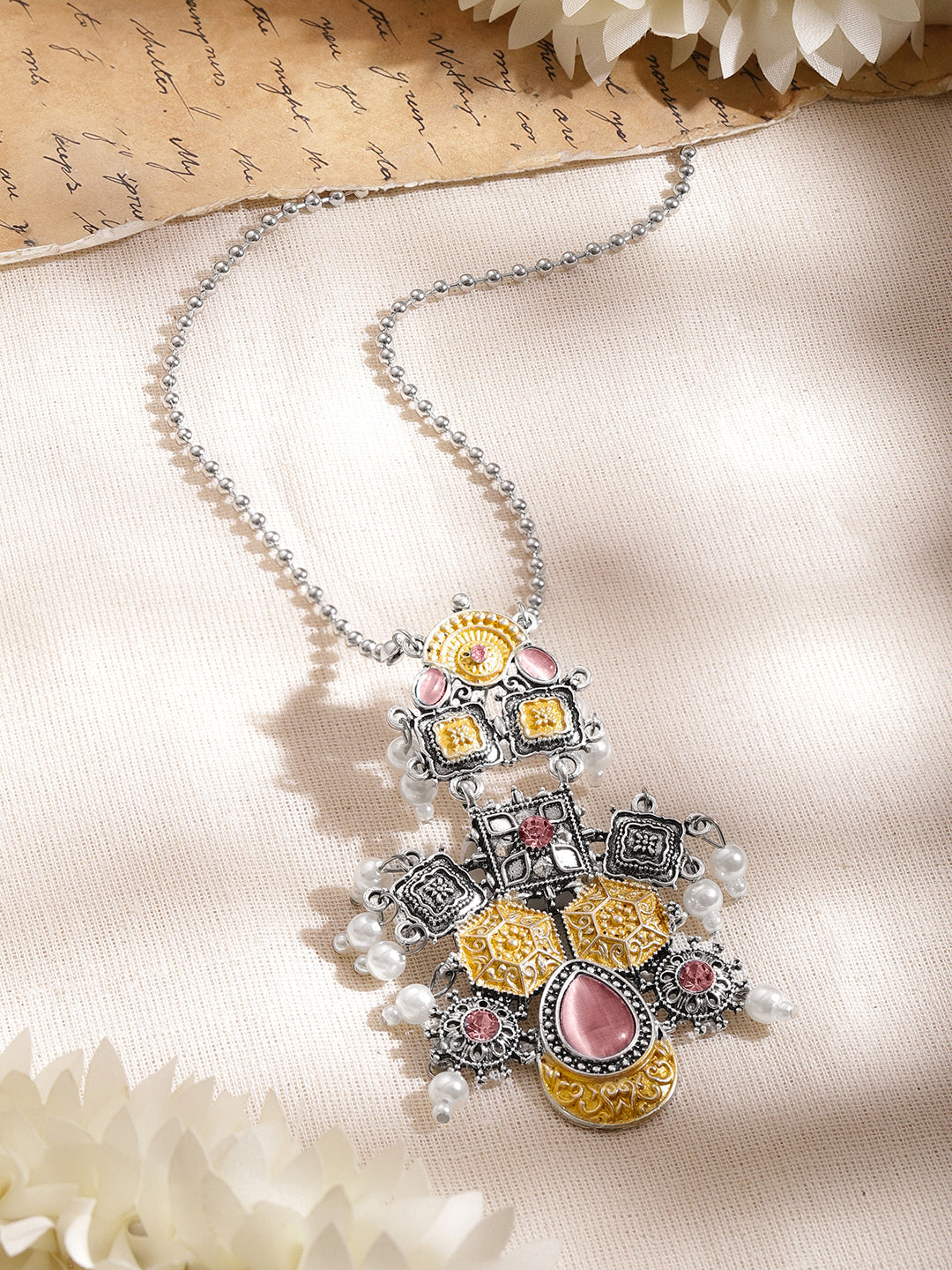 Oxidised Silver Pink Enamel Statement Necklace フリーサイズ