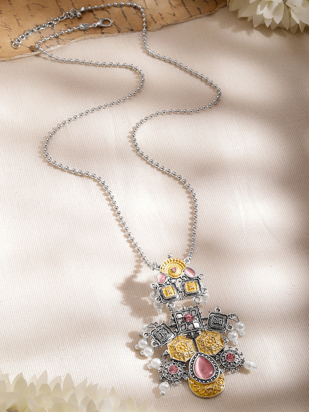 Oxidised Silver Pink Enamel Statement Necklace フリーサイズ