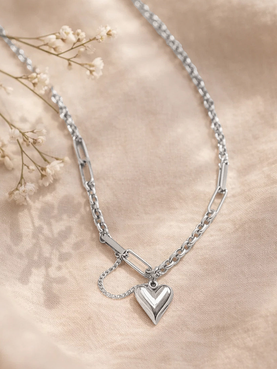 Demi Fine Rhodium Plated Stainless steel Paperclip Curb Chain Heart Pendant Necklace Length - 24.5 cm